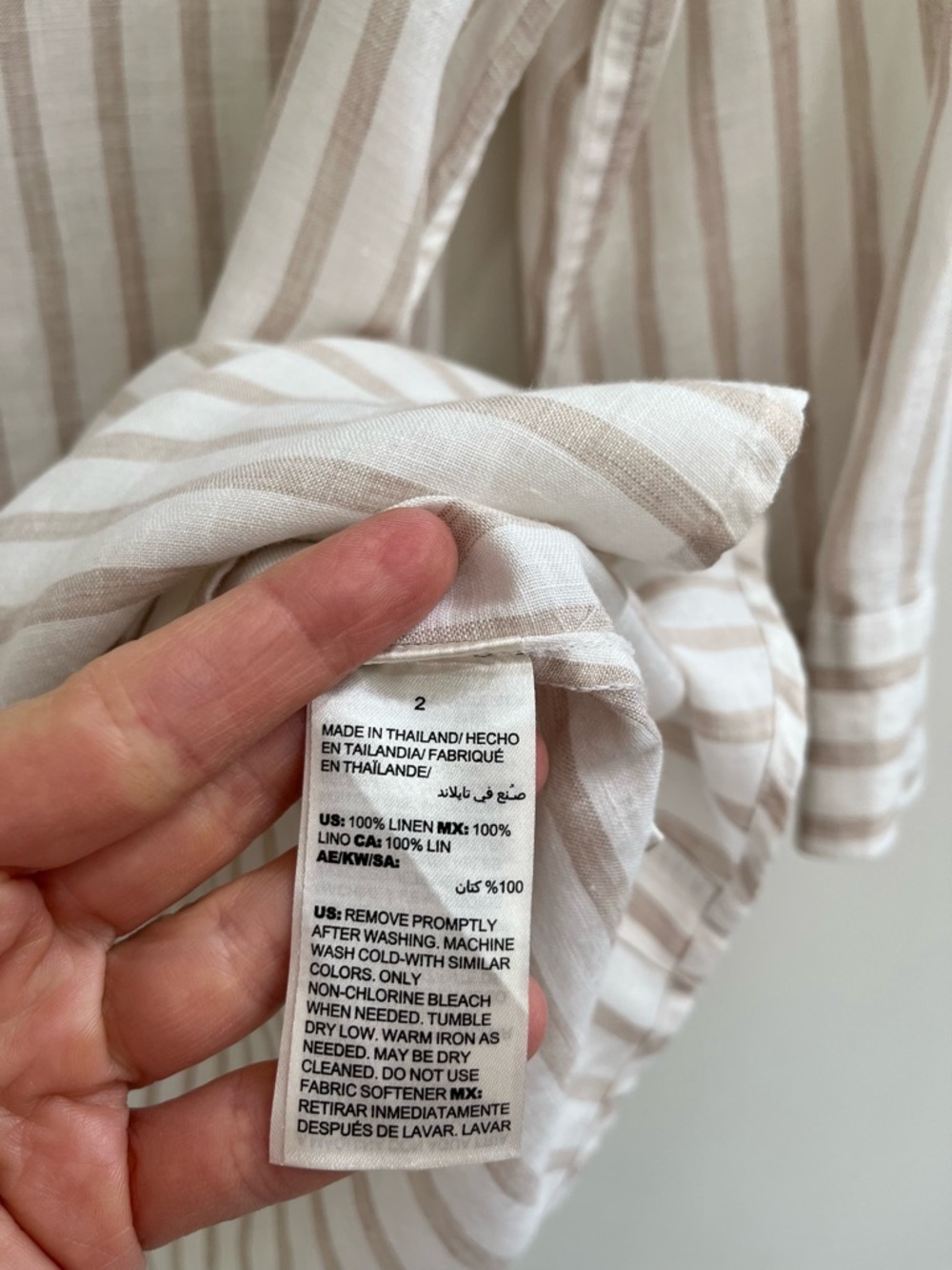 Chico's No-Iron Linen Button Front Shirt tan white stripe 3/4 sleeves 2 12/14 - Picture 13 of 14